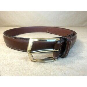Perry Ellis Portfolio Men's Brown Leather Belt with Gold Buckle - Size 32